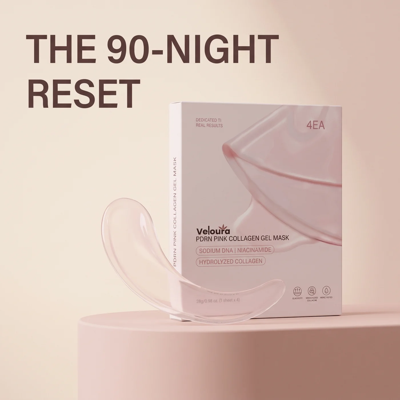 Veloura PDRN Collagen Jelly Mask shown with a translucent jelly-mask sheet and the headline The 90-Night Reset.