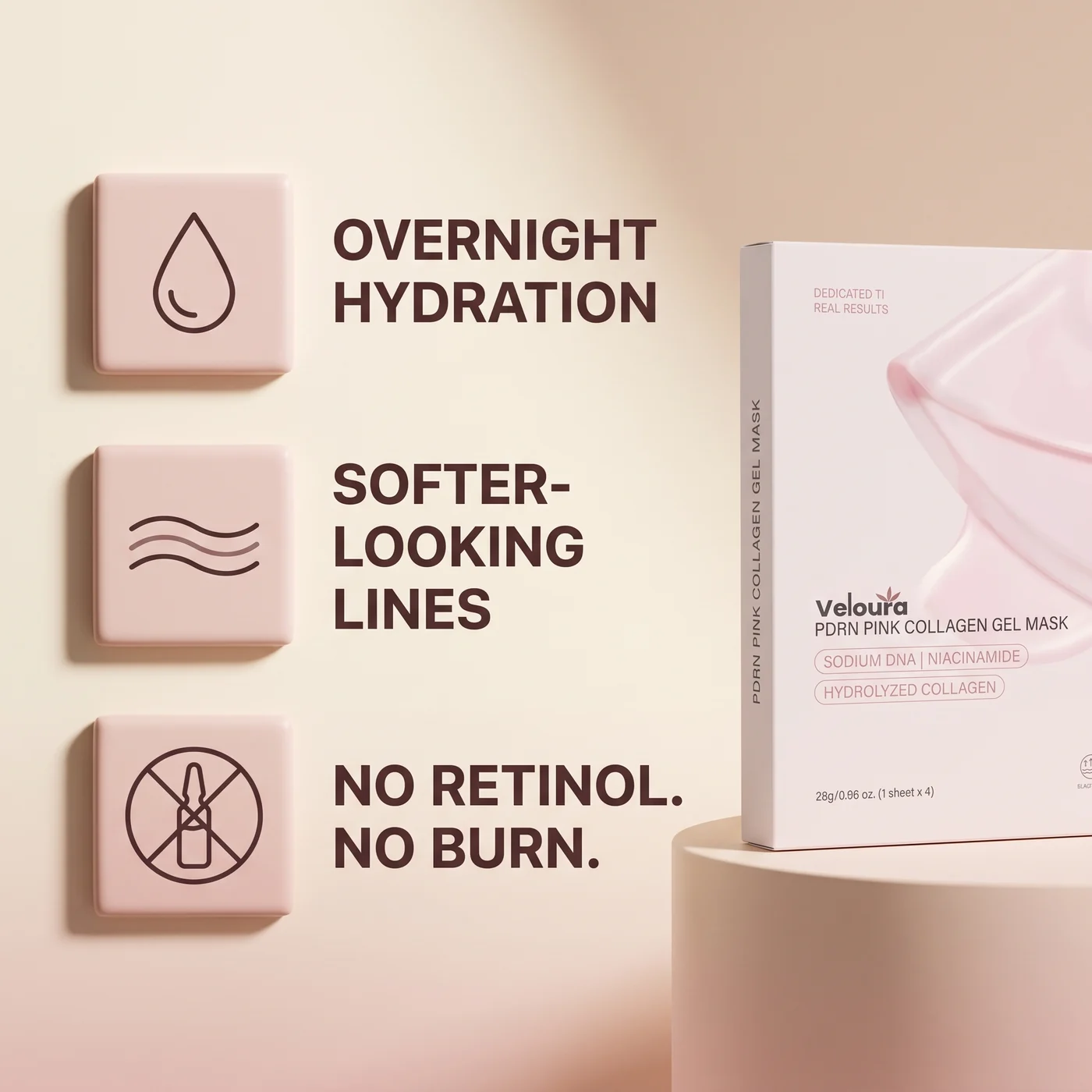 Veloura product gallery card showing overnight hydration, softer-looking lines, and no retinol or burn.