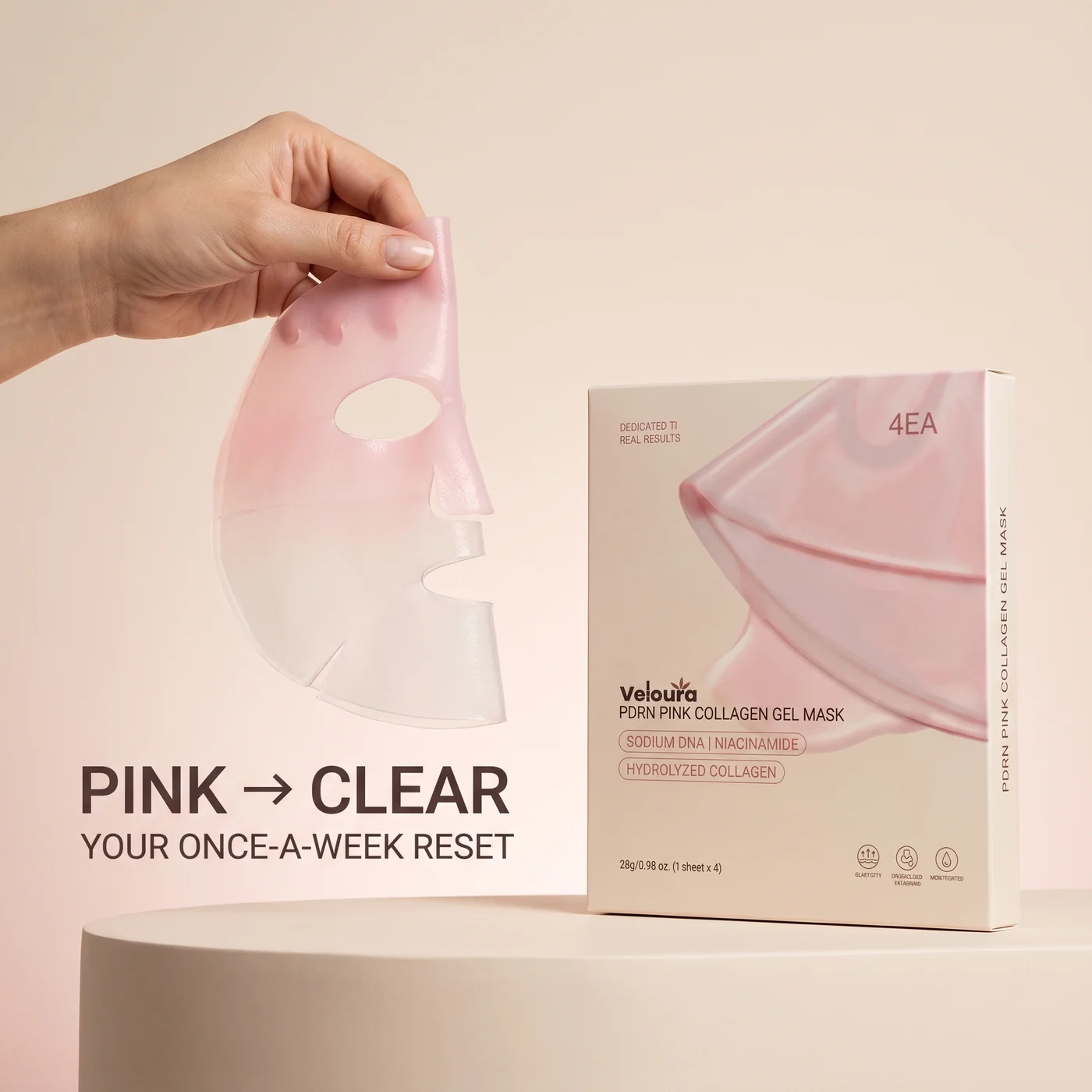 Veloura jelly mask held above the product carton with the message Pink to Clear.