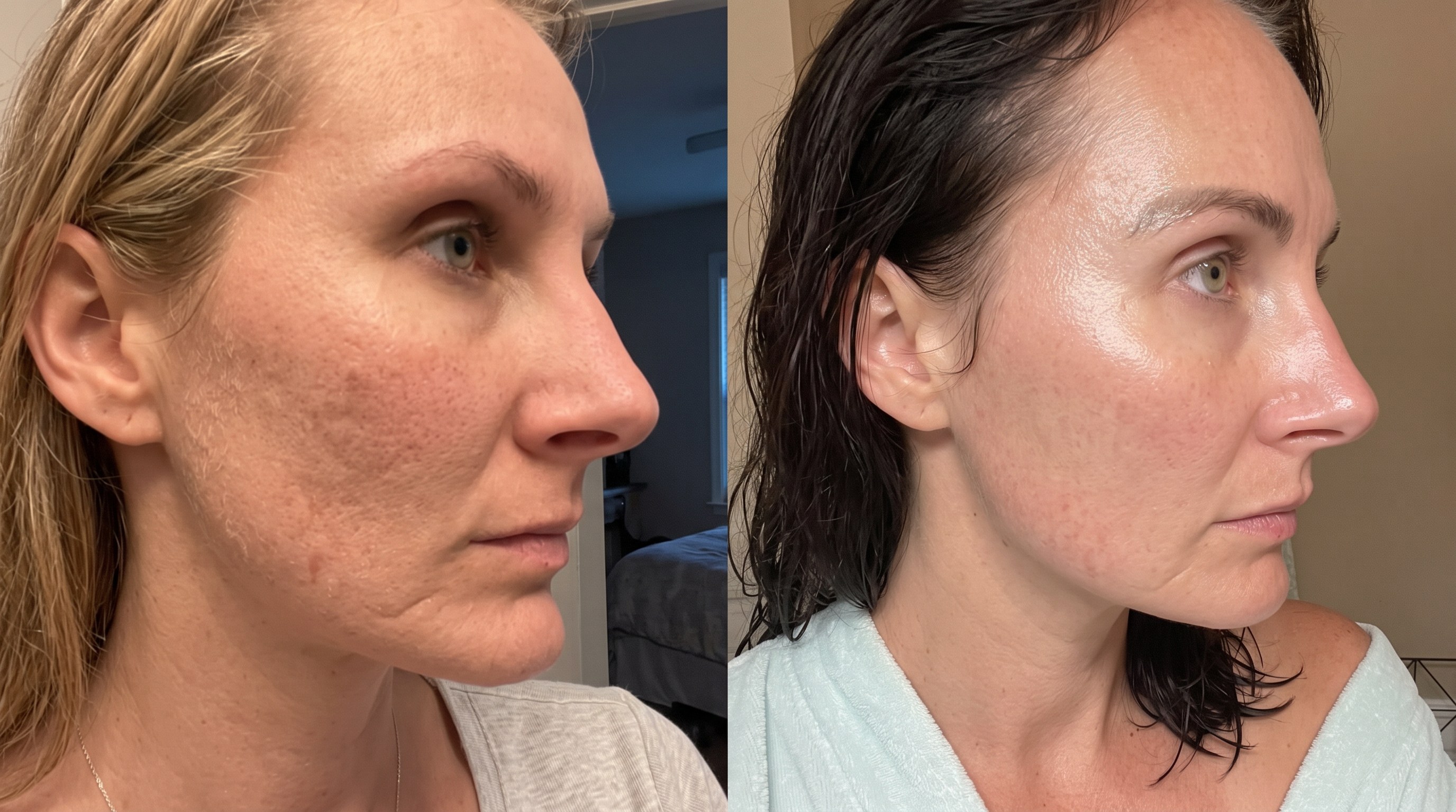 Customer-submitted before-and-after photo from Angela K. showing her cheek skin before and after her skincare routine.