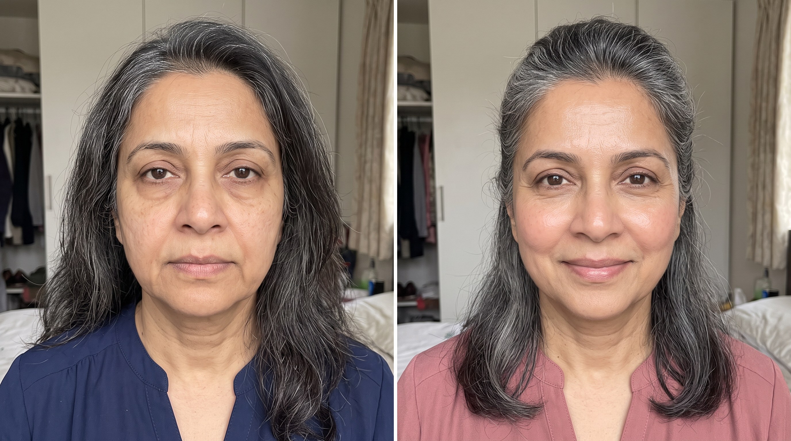 Customer-submitted before-and-after photo from Barbara T. showing her face before and after her skincare routine.