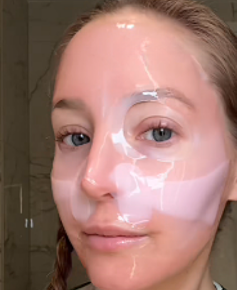 UGC close-up of a customer wearing the translucent pink jelly mask before bed.