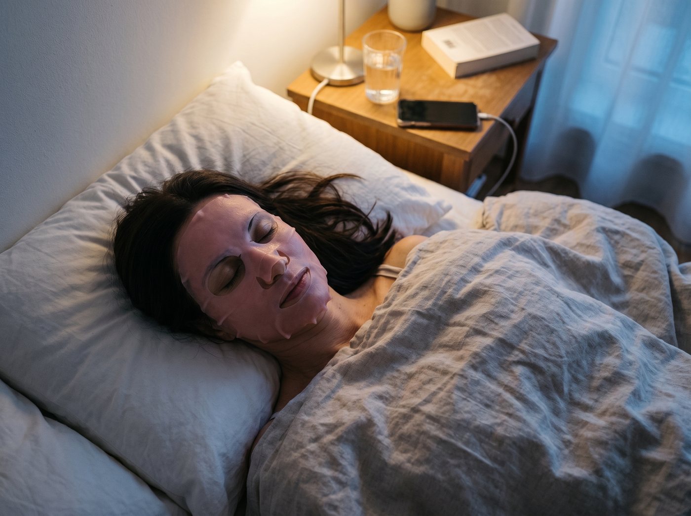 Asleep on her side with the pink jelly sheet on, lamp low.