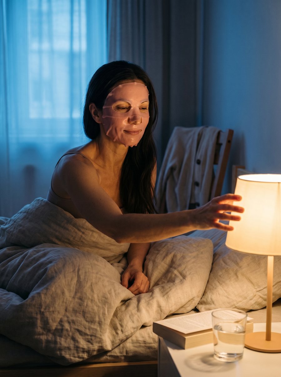 Reaching to switch off the bedside lamp with the sheet on.