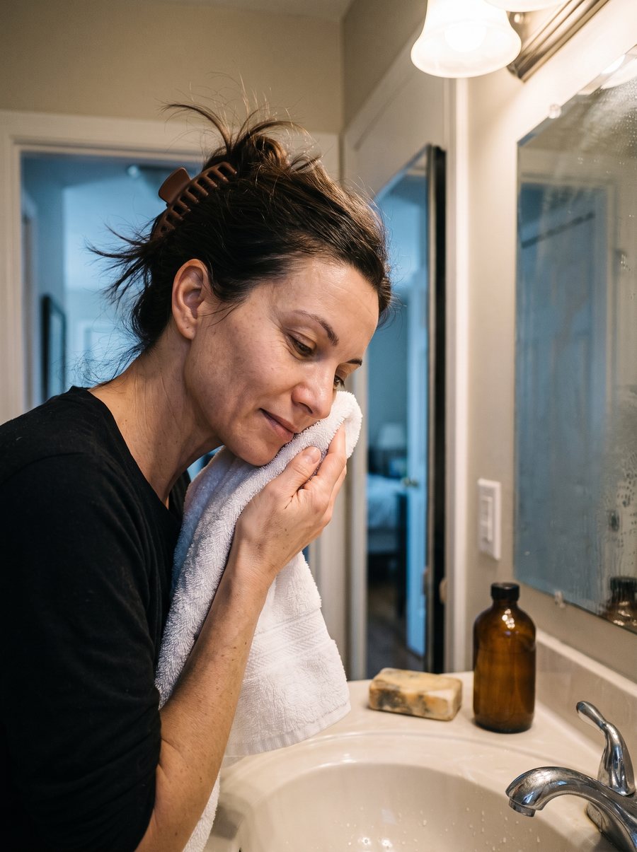 Patting a freshly cleansed face dry at the sink.