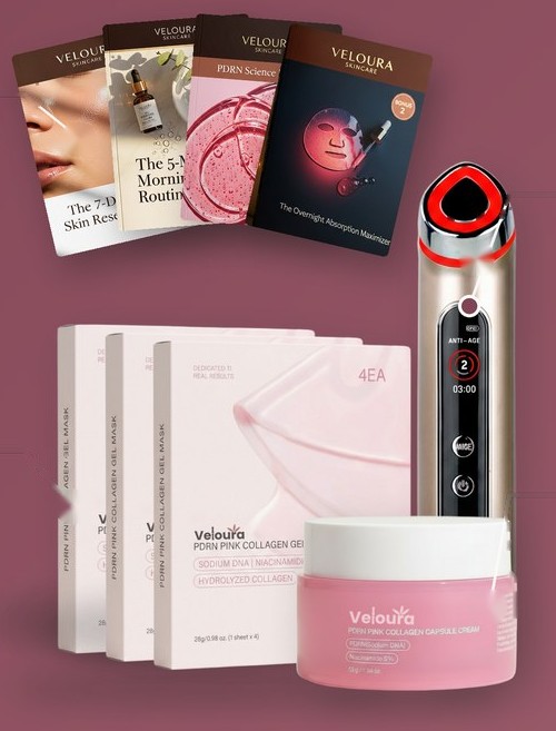 Everything in the first 90-Night Reset box: four guide cards, the Glow Wand, three mask cartons and the PDRN Capsule Cream.