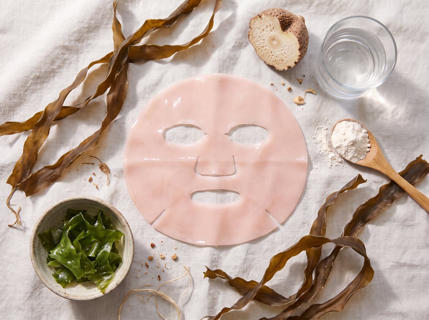 The pink jelly sheet laid flat among dried kelp, sea lettuce and konjac root.